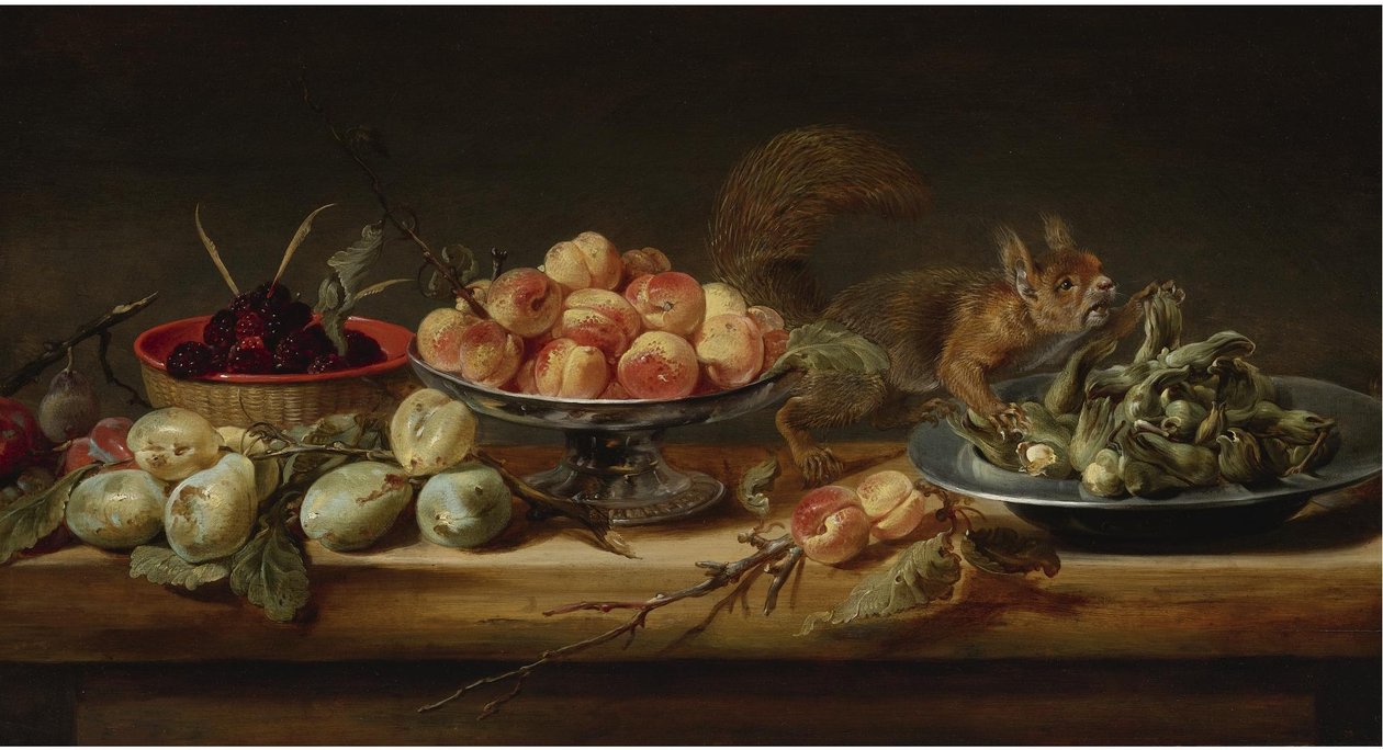 Stilleben med fersken i en Tazza, hasselnøtter på en tinnplate, bringebær i en kurv, med pærer og et ekorn på et bord olje på panel av Frans Snyders