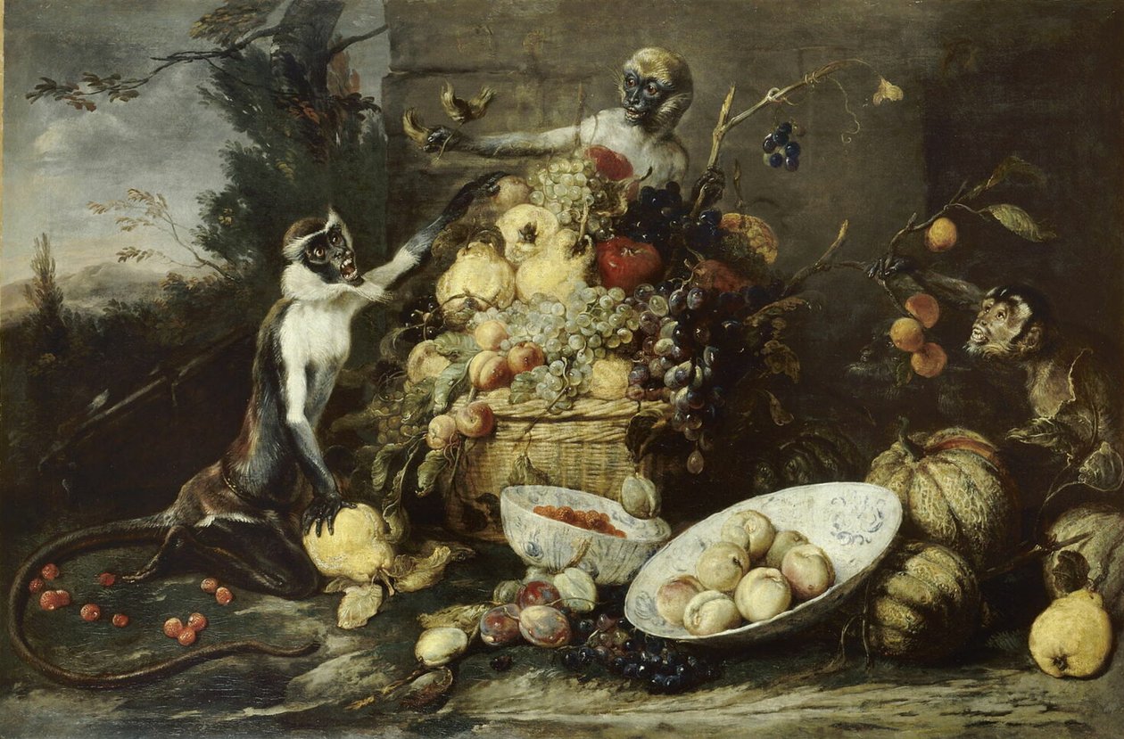 Tre aper stjeler frukt, med utsikt over et landskap av Frans Snyders
