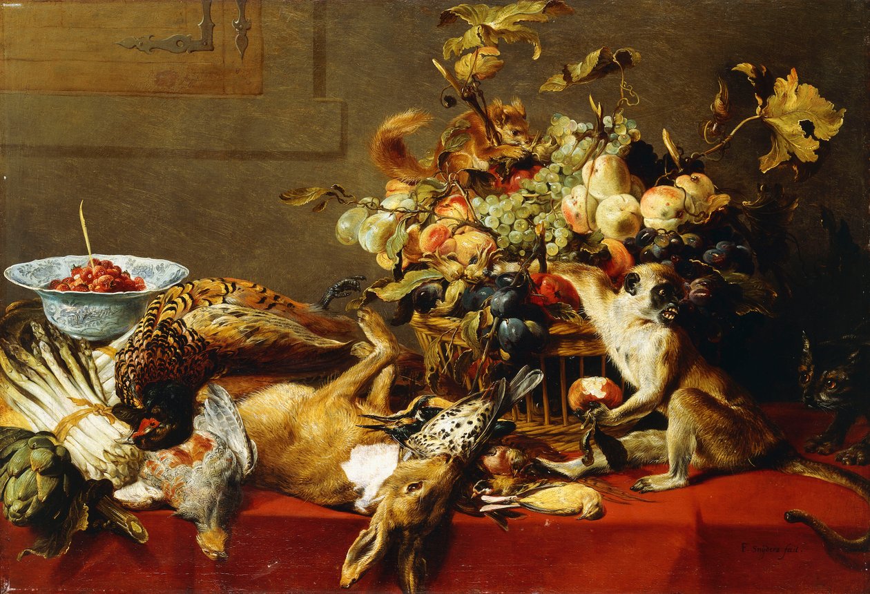 En kurv med frukt på et drapert bord med dødt vilt og en ape, av Frans Snyders or Snijders