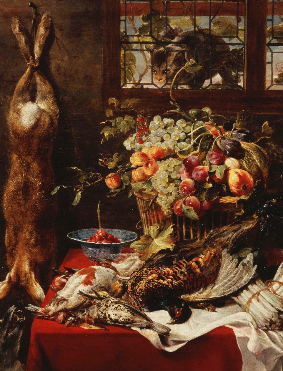Et spisekammer stilleben med frukt, vilt og en katt ved et vindu, av Frans Snyders or Snijders