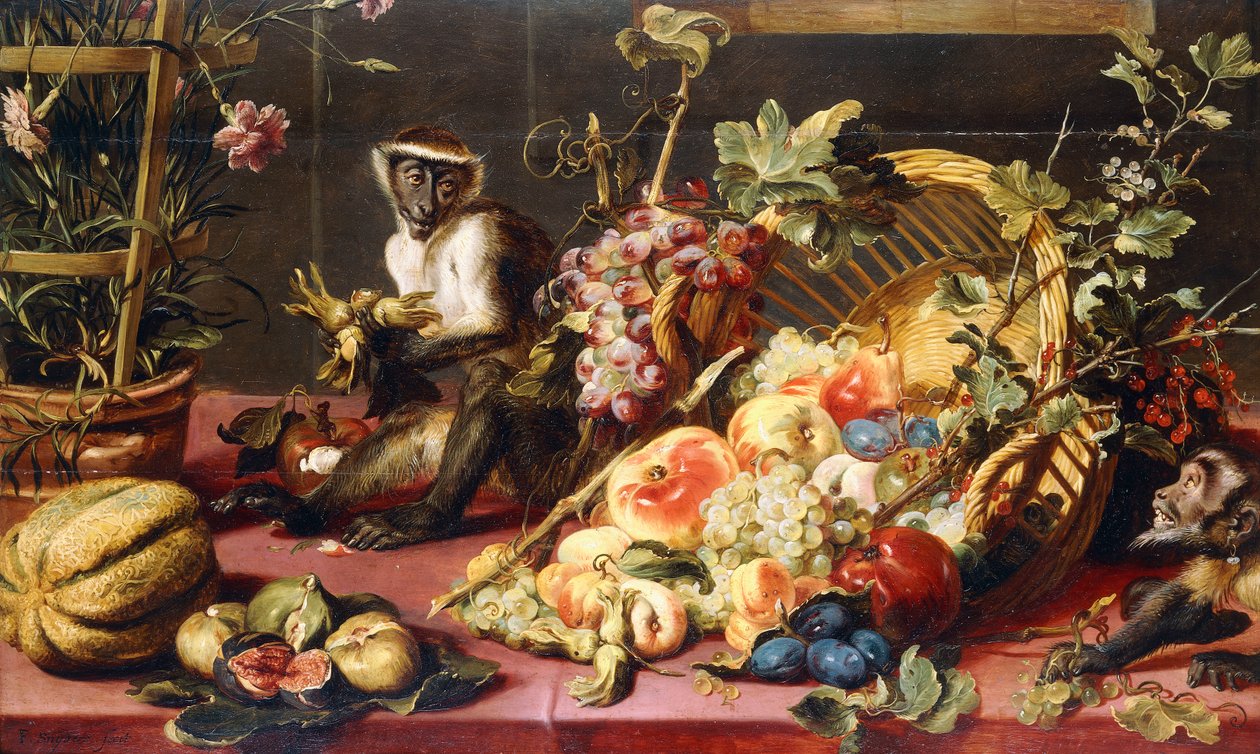 En sølt kurv med frukt på et drapert bord med aper, av Frans Snyders or Snijders