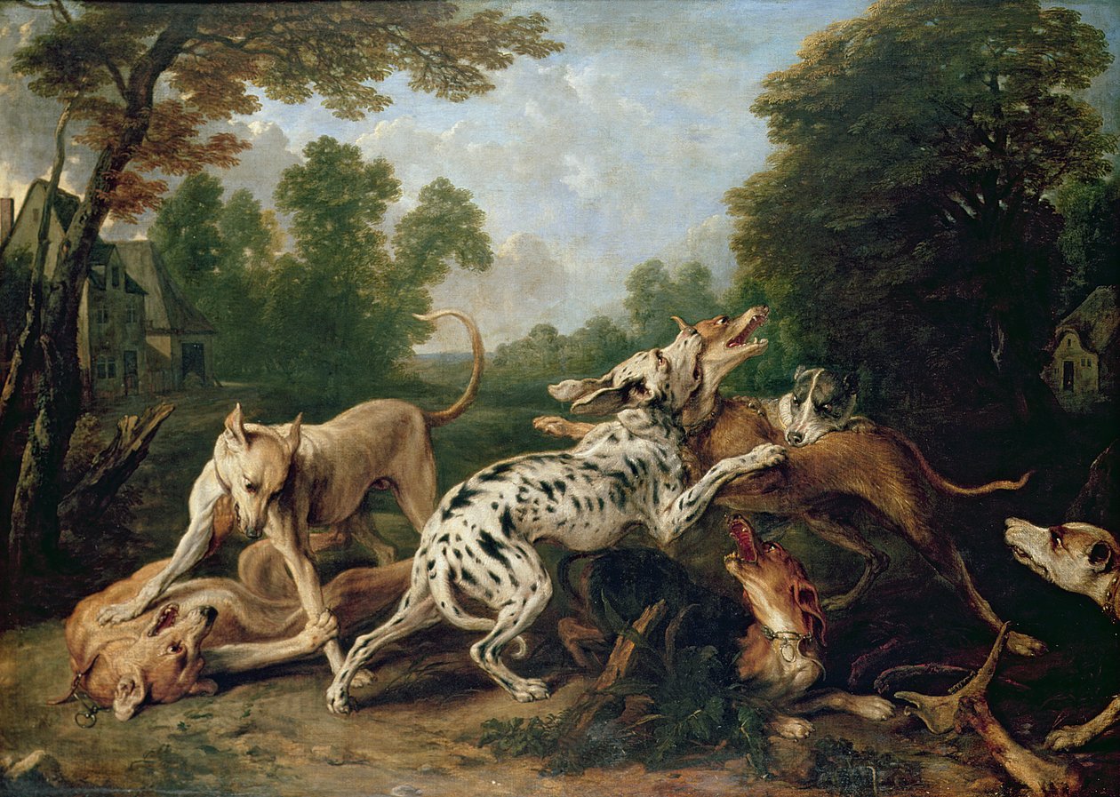 Hunder som slåss i en skogkledd lysning av Frans Snyders or Snijders