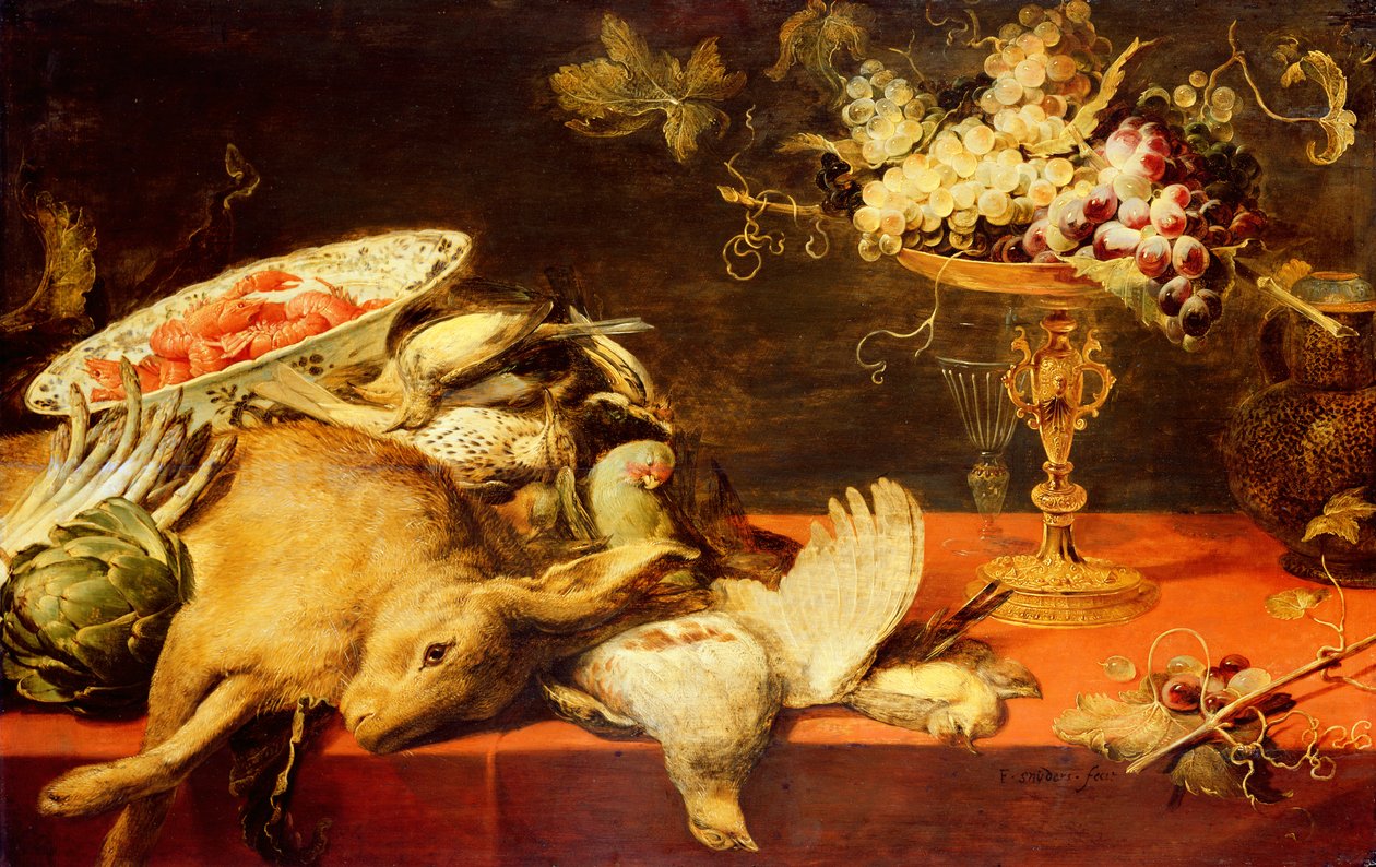 Stilleben med dyr og frukt (olje på eikepanel) av Frans Snyders or Snijders
