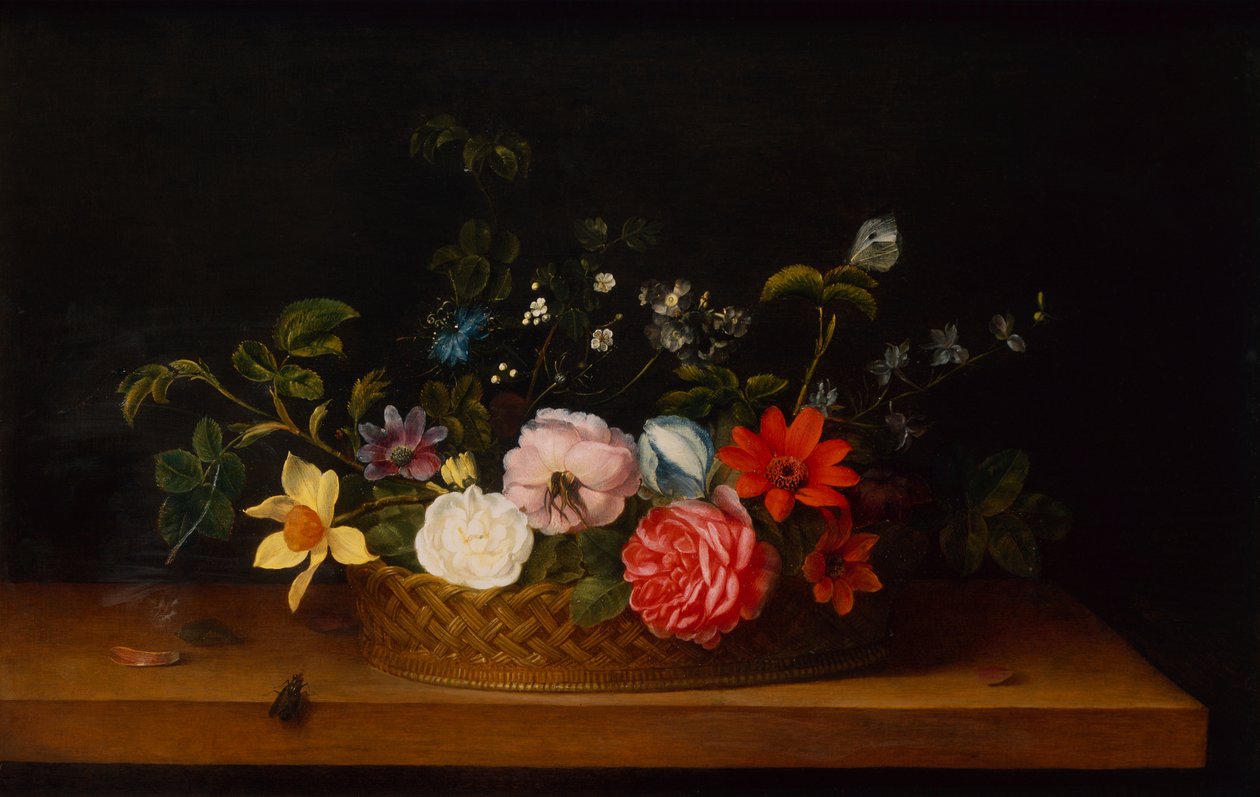 Blomster i en kurv med insekter på en avsats (olje) av Frans Ykens
