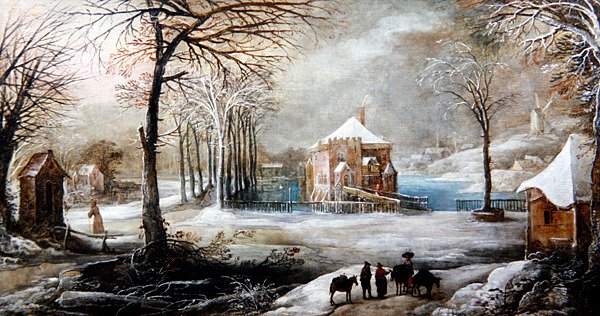Et vinterlandskap med figurer og hester (olje på lerret) av Frans de Momper