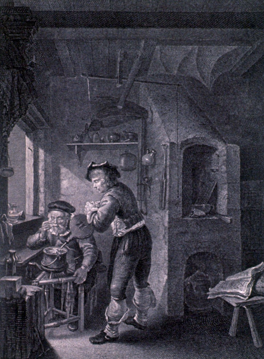 Et laboratorium fra 1600-tallet av Frans van (after) Mieris