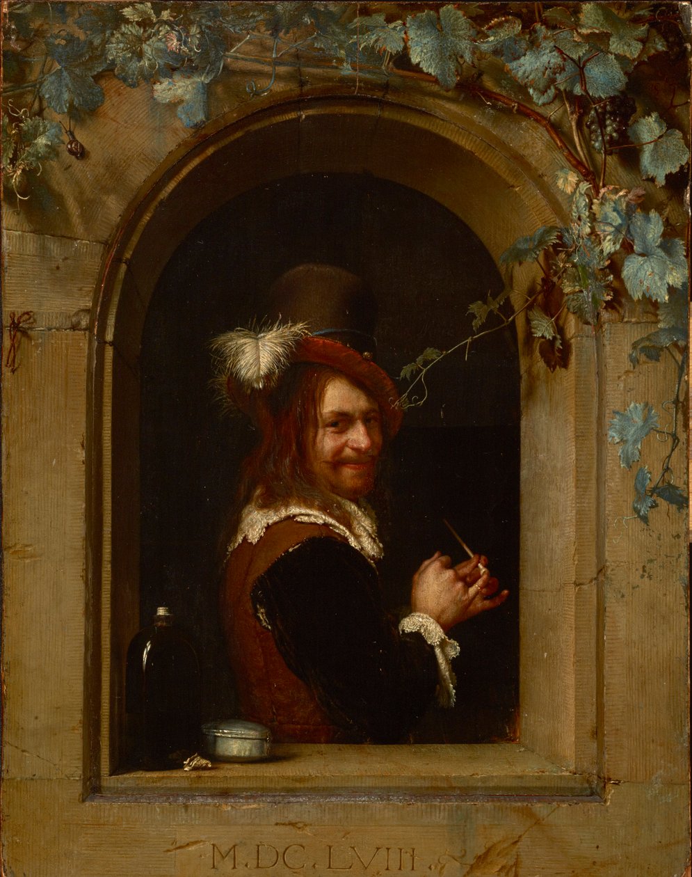 Man with a pipe at a window - Man with a pipe at a window, av Mieris, Frans van Mieris de Oudere or the Elder (1635-1681). Olje på tre, ca 1658. Størrelse: 20x15,5 cm. Brukenthal nasjonalmuseum, Sibiu av Frans van Mieris