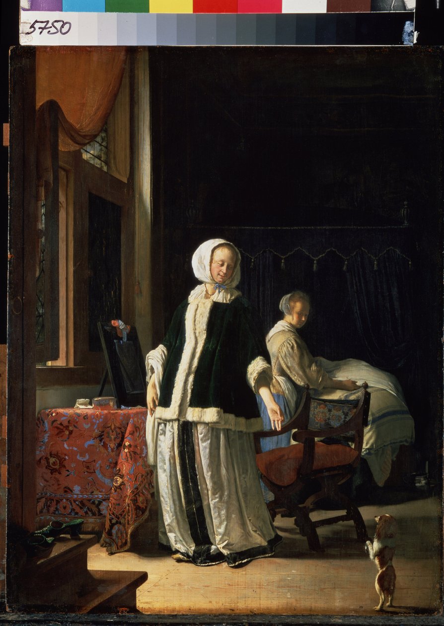 Morgenen til en ung kvinne. (En ung dames morgen). En kvinne og hushjelpen hennes observerer en hund som piskes. Maleri av Frans van Mieris de Oudere kjent som Frans Mieris den eldste eller den eldste (1635-1681), ca. 1660. Olje på tre. Nederlandsk kunst,  av Frans van Mieris