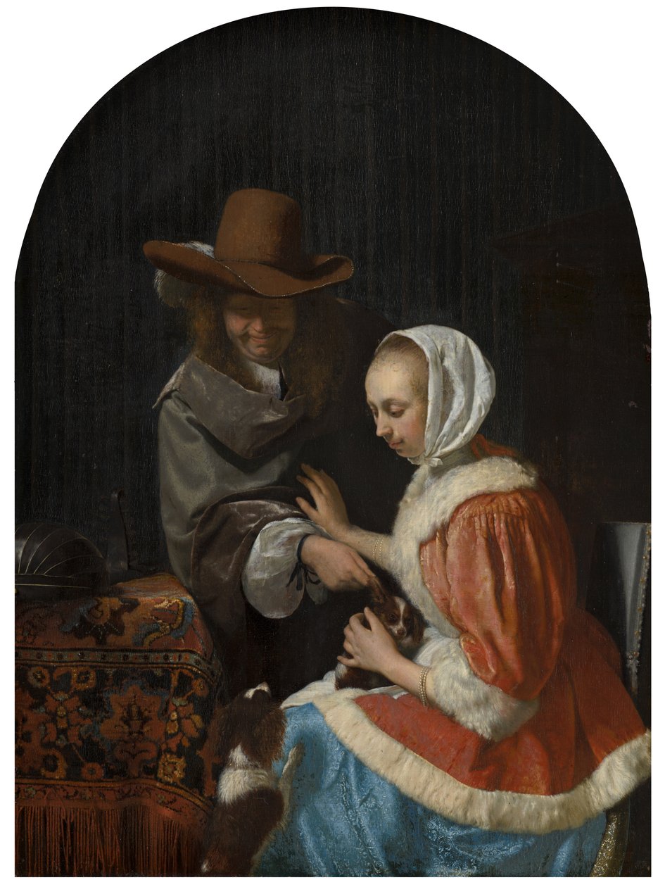 Mann og kvinne med to hunder, kjent som "Teasing the Pet", 1660 av Frans van Mieris