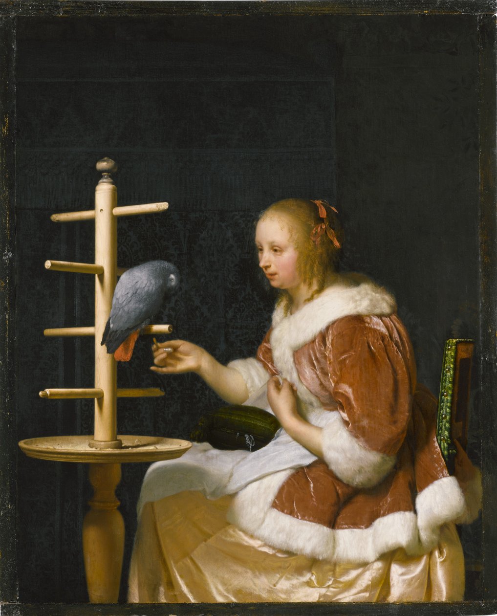 Ung kvinne mater en papegøye, 1663. av Frans van Mieris the Elder