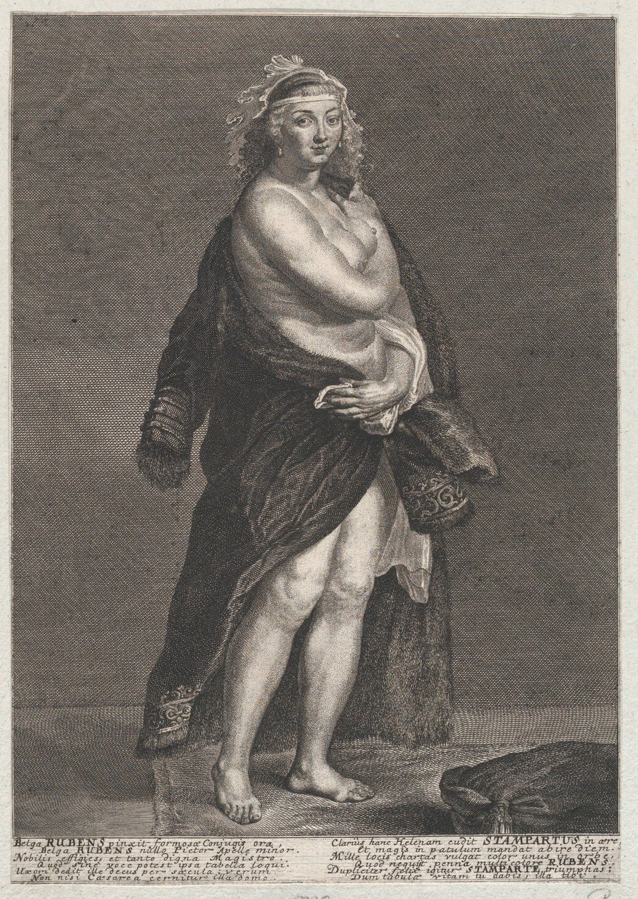 Portrett av Helena Fourment, Rubens andre kone, iført en pelsfrakk over skuldrene, 1728., 1728 av Frans van Stampart