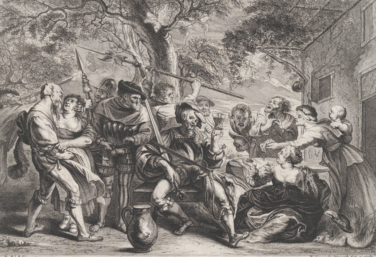 Don Quijote og troppene til La Santa Hermandad utenfor en taverna, ca. 1635-79. av Frans van den Wyngaerde