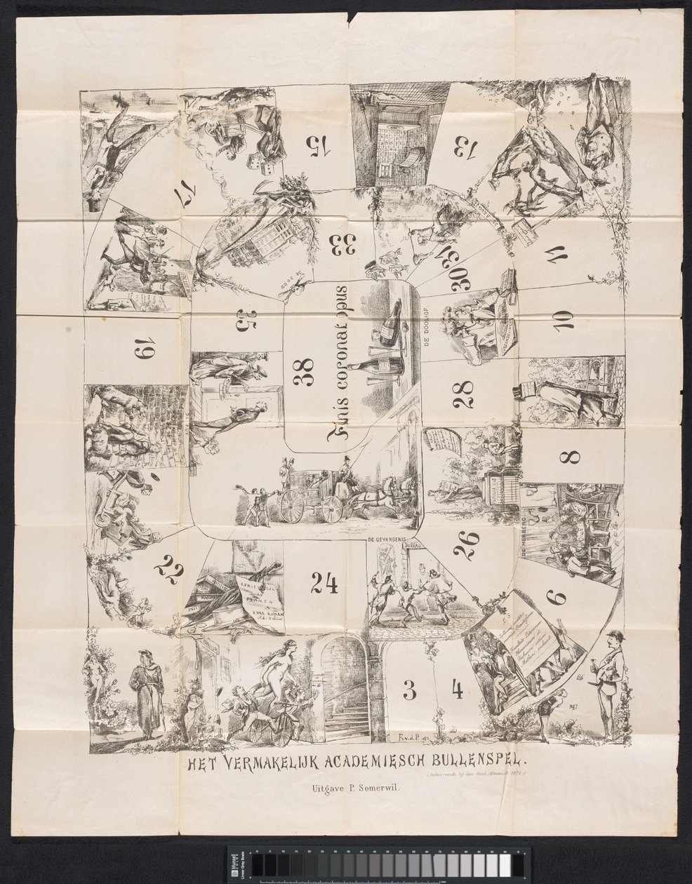Tegneserie i Leiden studentalmanakk, 1874 Det underholdende akademiske oksespillet (tittel på objekt) av Fransen van de Putte