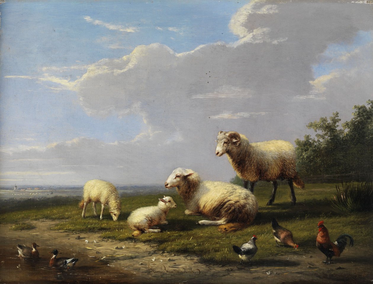Bredt vårlandskap med sauer, kyllinger og ender av Franz van Severdonck