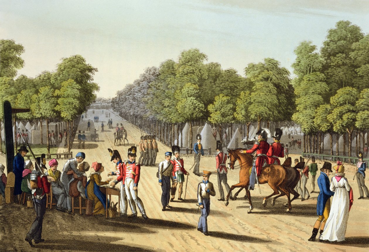 Den britiske hærens leir i Bois de Boulogne, 1815, gravert av Matthew Dubourg (fl.1813-20) fra 