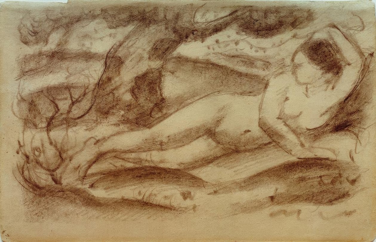 Tilbakelent kvinnelig naken i et landskap av Franz Marc