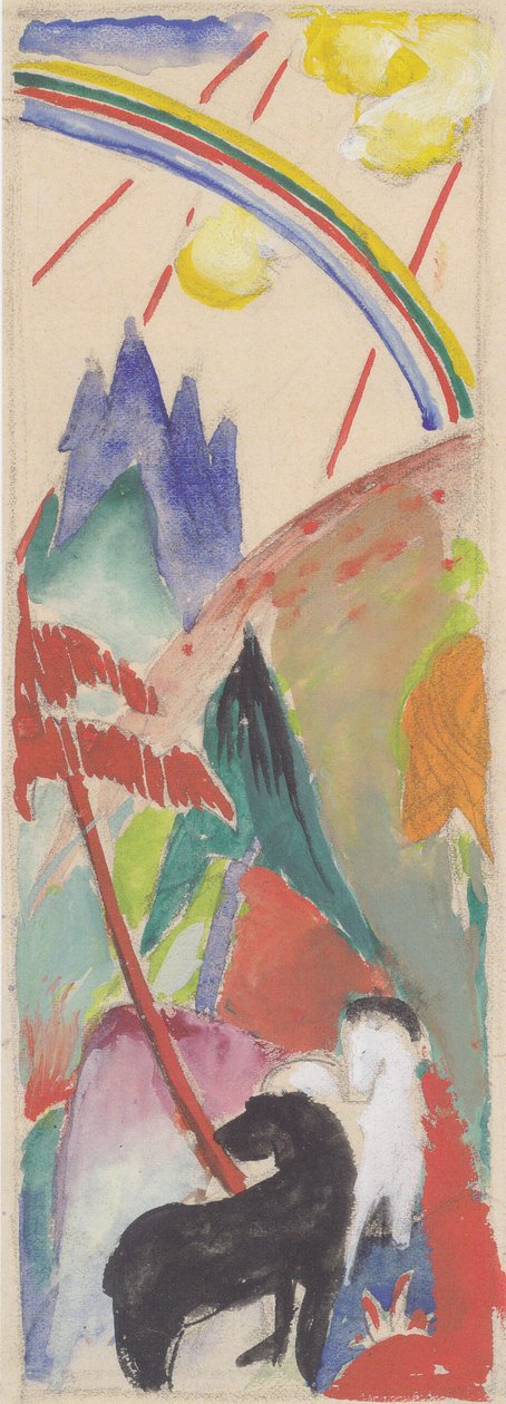 Svart og hvit hest i fjellandskap med regnbue av Franz Marc