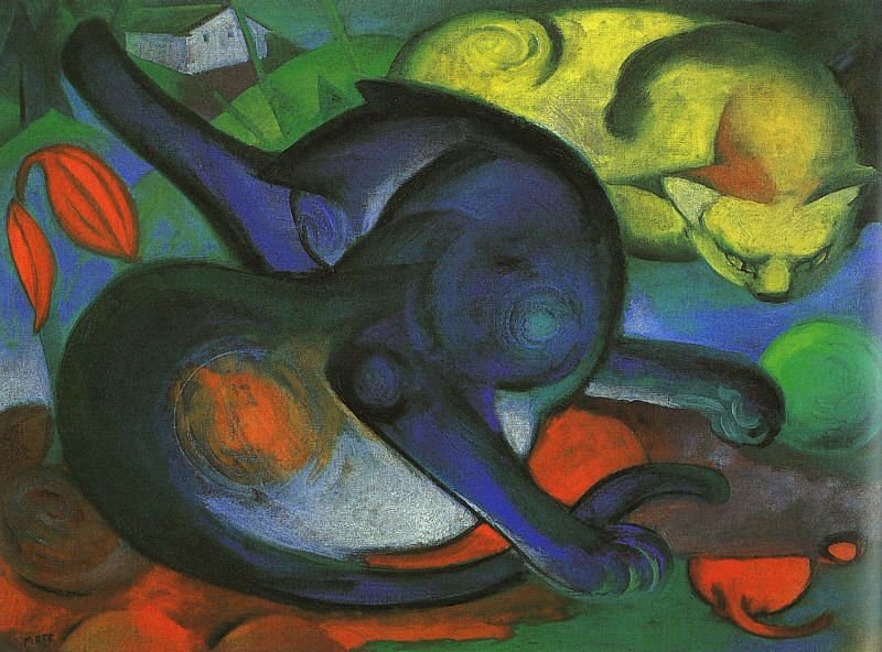 To katter, blå og gul av Franz Marc