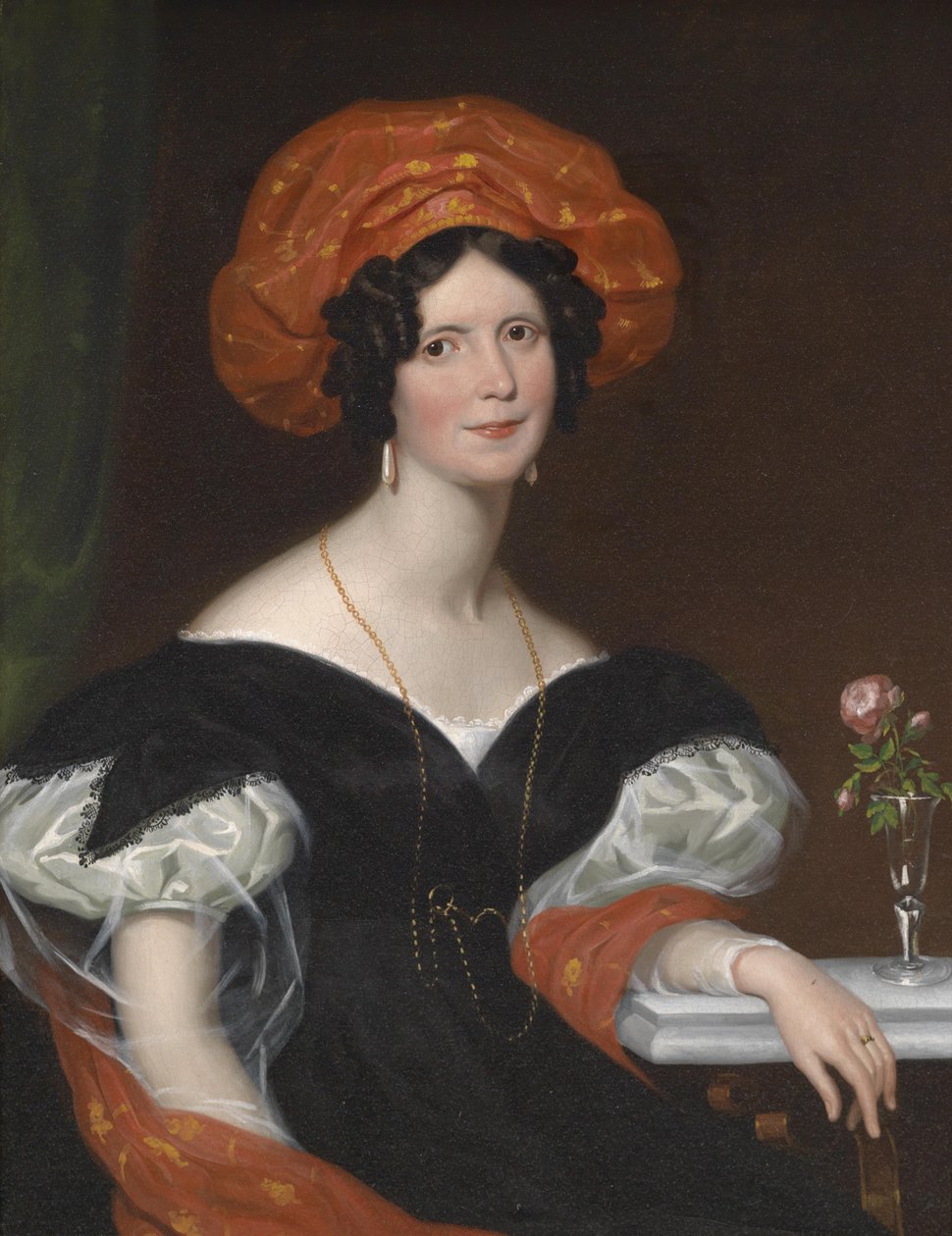 Portrett av en sittende dame med et rødt skjerf og et rødt hodeplagg av Franz Xaver Winterhalter