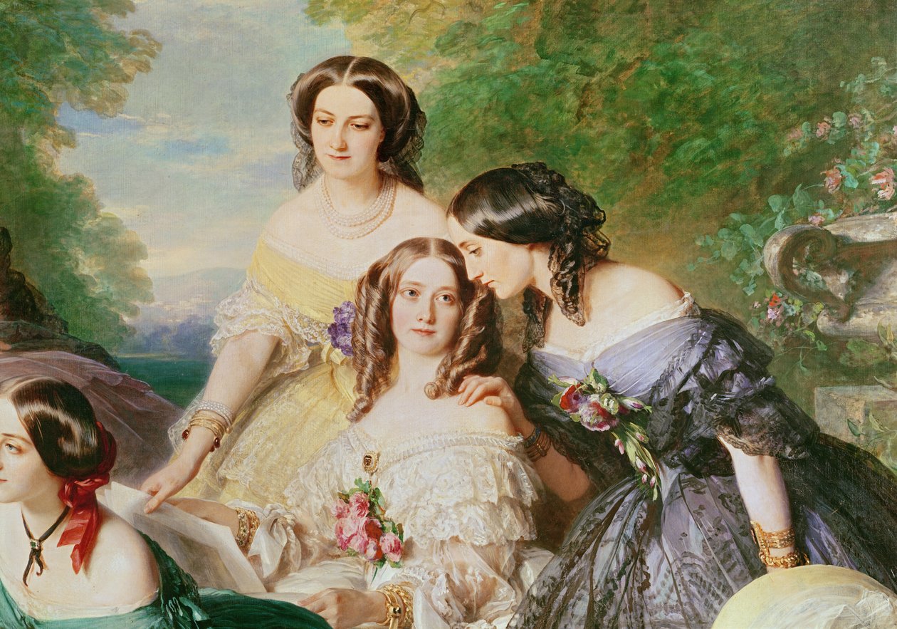 Empress Eugenie 1826-1920 and her Ladies in Waiting, detalj av Baronne de Malaret, født Nathalie de Segur gul kjole, Marquise de las Marismas hvite kjole & Marquise de La Tour Maubourg and the Marqu av Franz Xaver Winterhalter