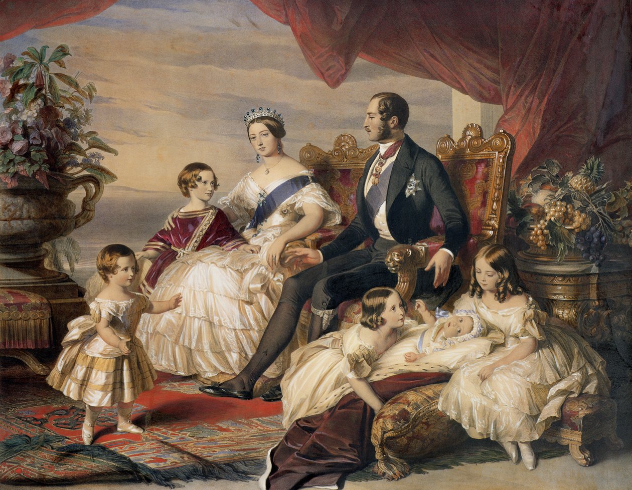 Dronning Victoria (1819-1901) og prins Albert (1819-61) med fem av barna deres, 1846 (fargegravering) av Franz Xaver Winterhalter