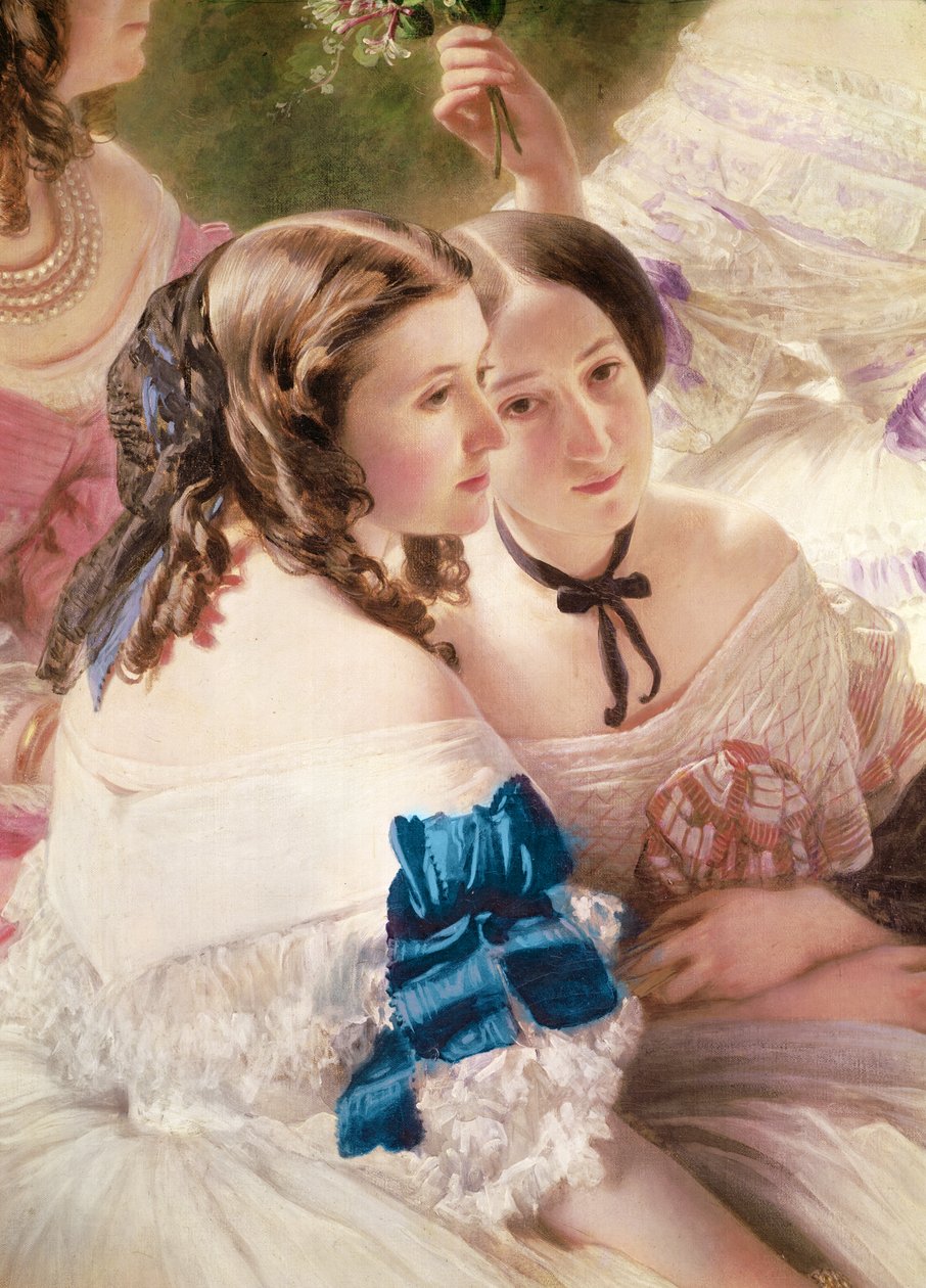 Keiserinne Eugénie omgitt av hennes damer i ventende detalj av baronessen av Pierres, viscountessen av Lezay-Marnesia, 1855 olje på lerret av Franz Xaver Winterhalter