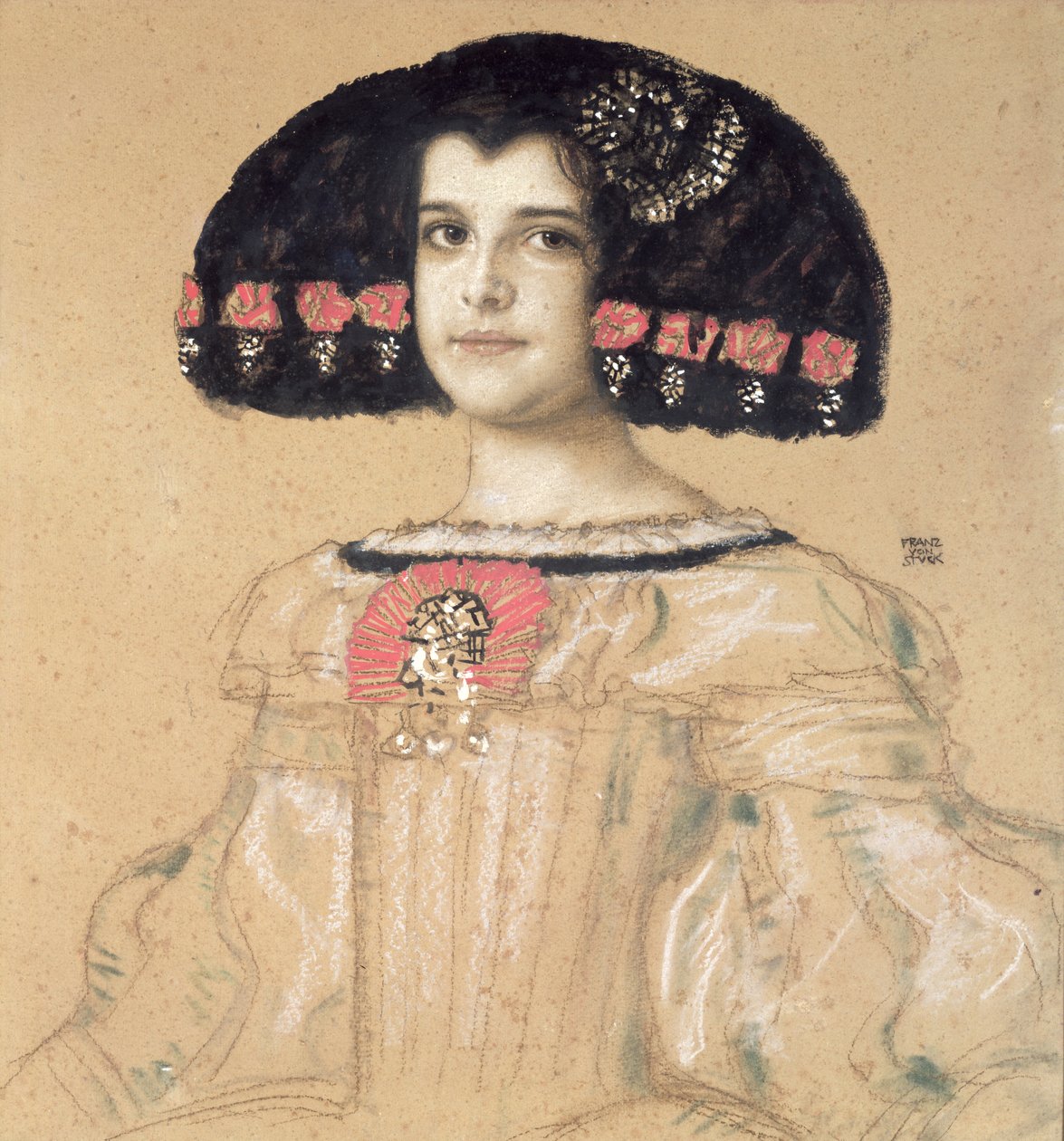 Portrett av Mary, kunstnerens datter, ca. 1908 (blyant, vask og pastell om bord) av Franz von Stuck