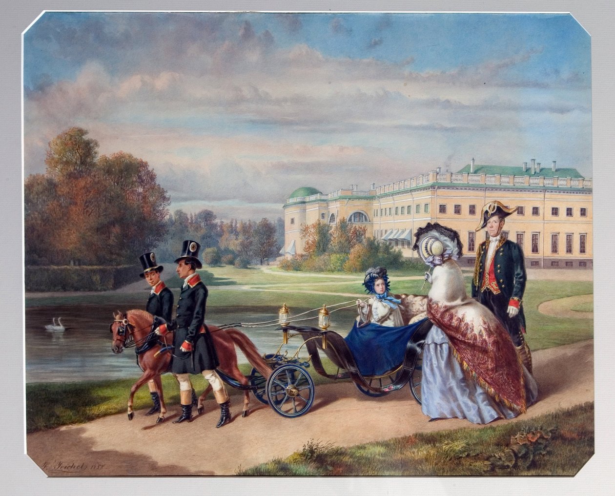 Promenaden til storhertuginne Maria Alexandrovna av Russland (1853-1920). I et lite lag trukket av en ponni går hun i parken Tsarkoye Selo, sommerresidensen til den keiserlige familien i St. Petersburg. Verk av Franz Teichel (1816 av Franz (after) Teichel