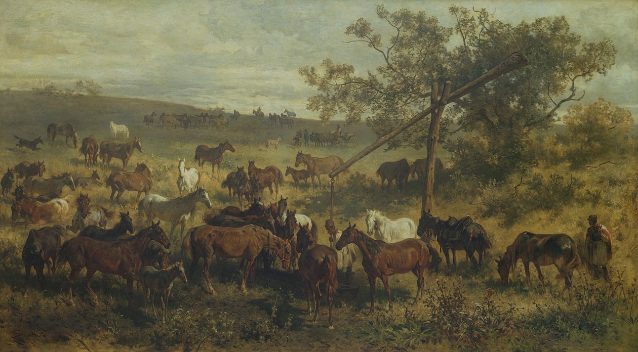 Hester ved et trau, 1800-tallet av Franz Adam