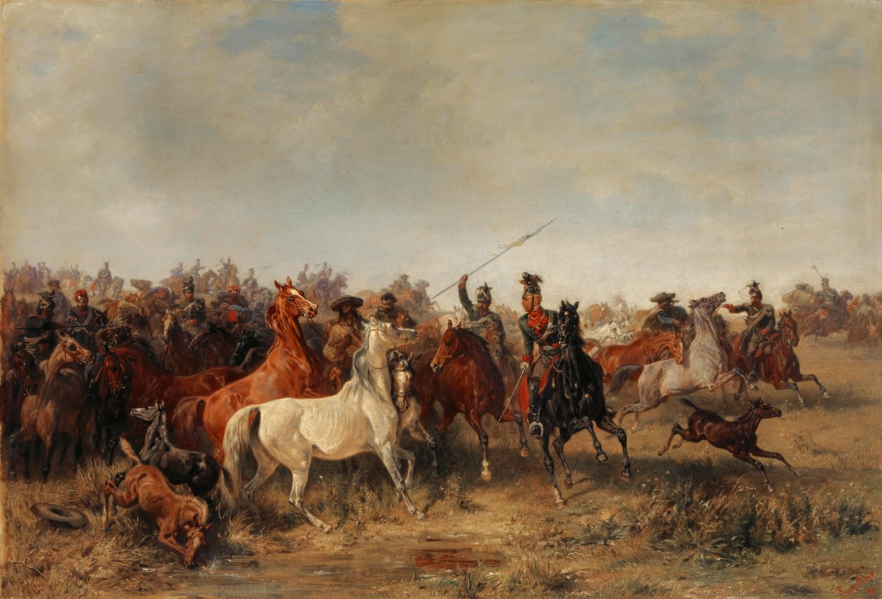 Uhlans stjeler hester fra Honved-Hussars, 1863 av Franz Adam