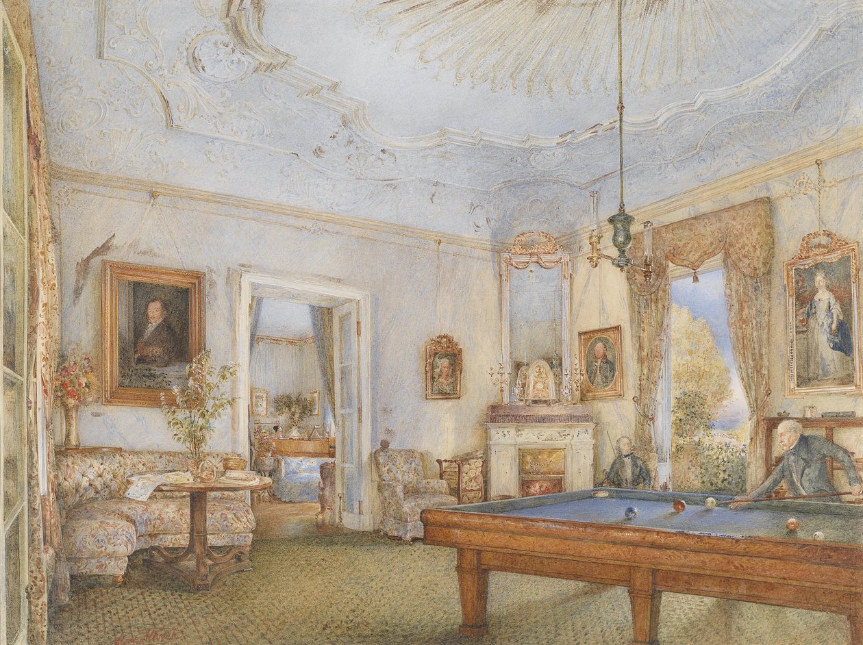 Biedermeier -interiør med en herre som spiller biljard av Franz Alt