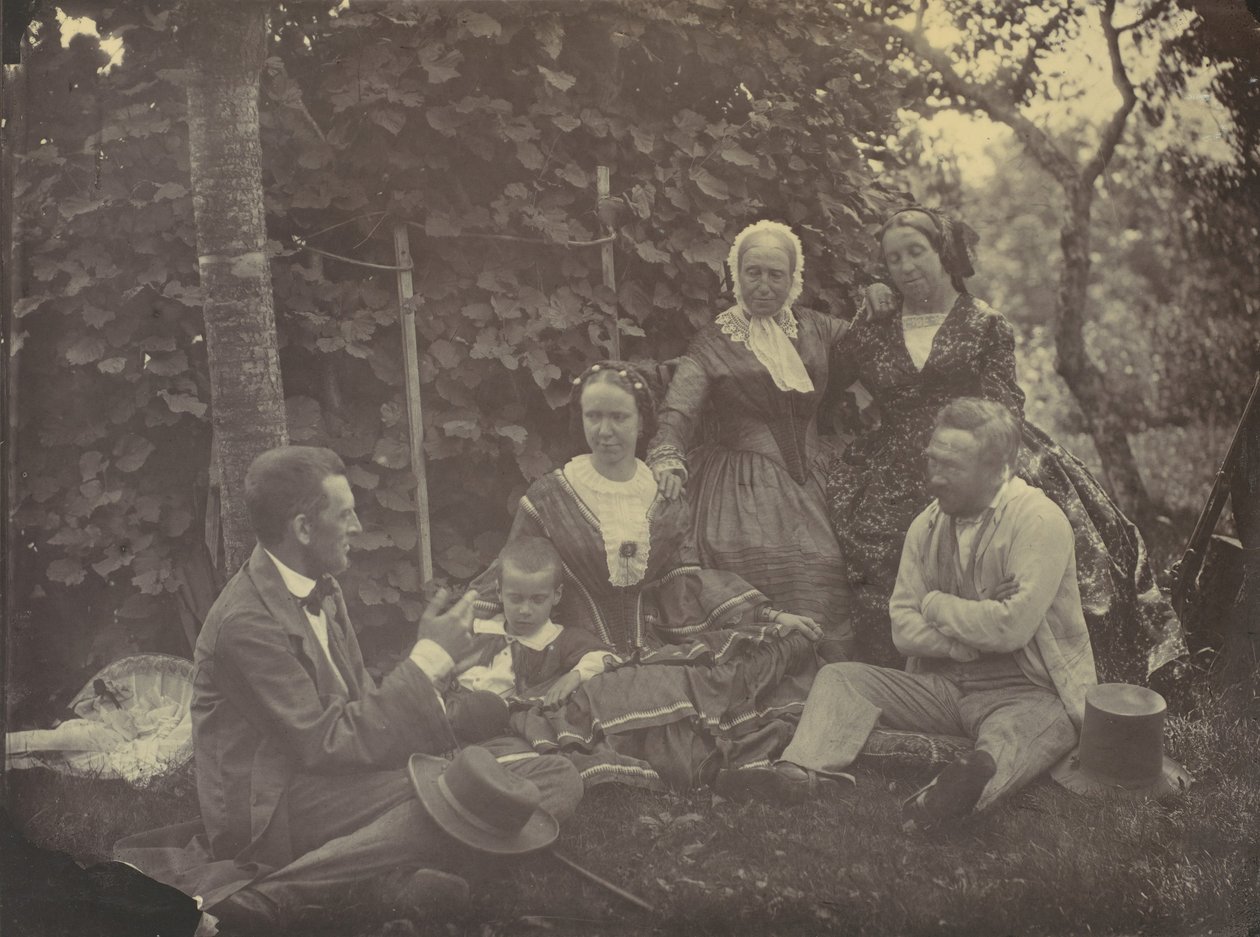 [Tre kvinner, to menn og et barn på piknik], 1850-60-tallet. av Franz Antoine