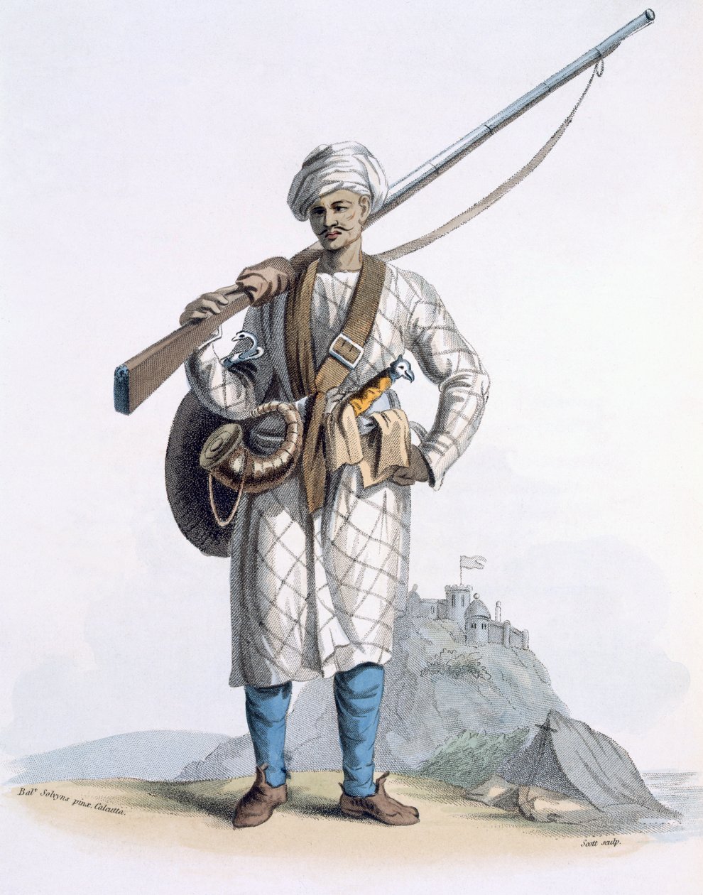 Behaleea eller hinduisk soldat, fra 'Costumes of India' av E. Orme, 1804 (farget etsning) av Franz Balthazar Solvyns