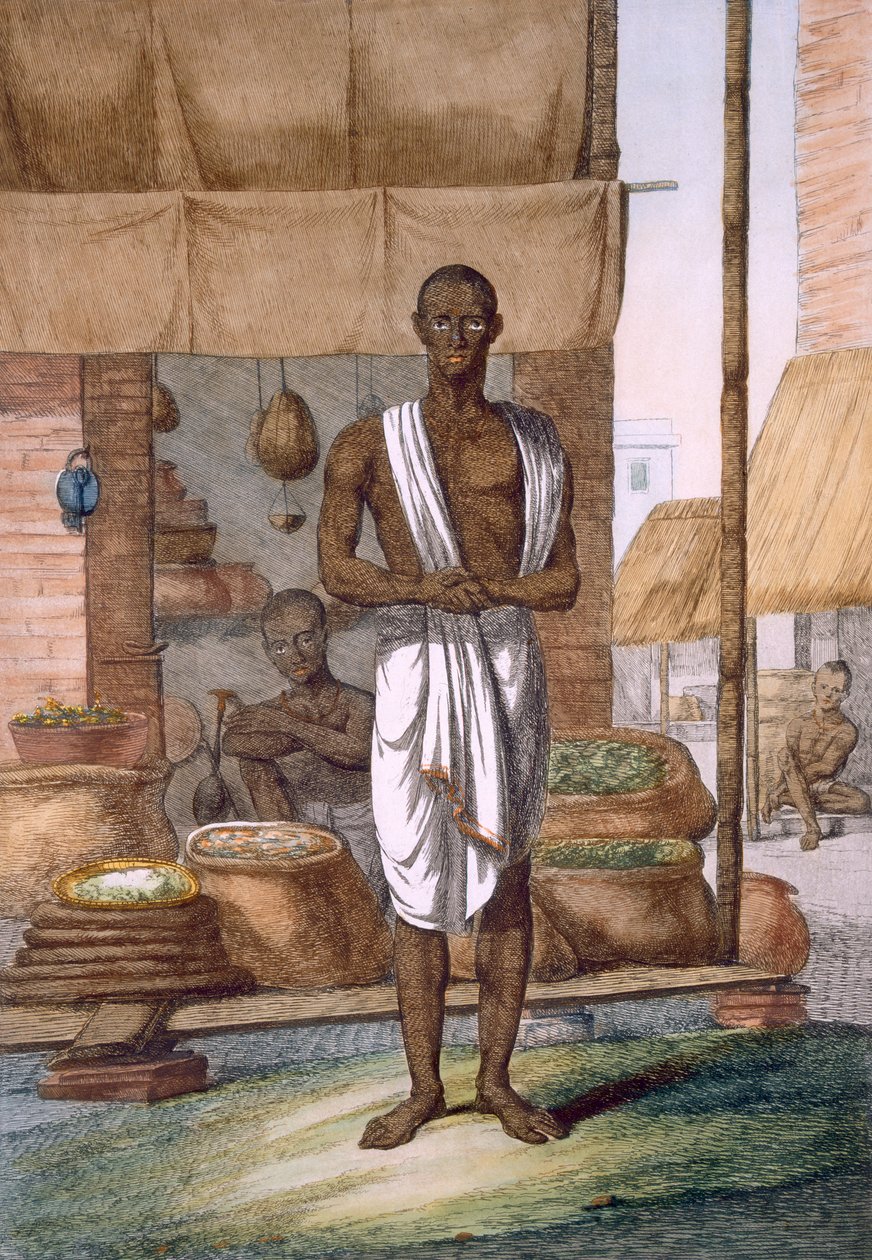 Kjøpmann utenfor butikken sin med varer i sekker, fra 'The Hindus, or the Description of their Manners, Costumes and Ceremonies', ca. 1808-12 (farget etsning) av Franz Balthazar Solvyns