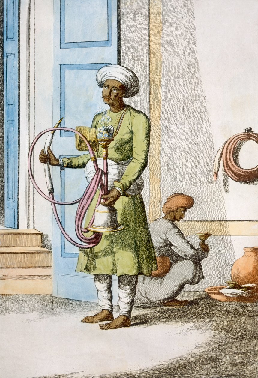 Hookah Burdar, eller Huka Bearer, fra 'The Hindus, or the Description of their Manners, Costumes and Ceremonies', ca. 1808-12 (farget etsning) av Franz Balthazar Solvyns