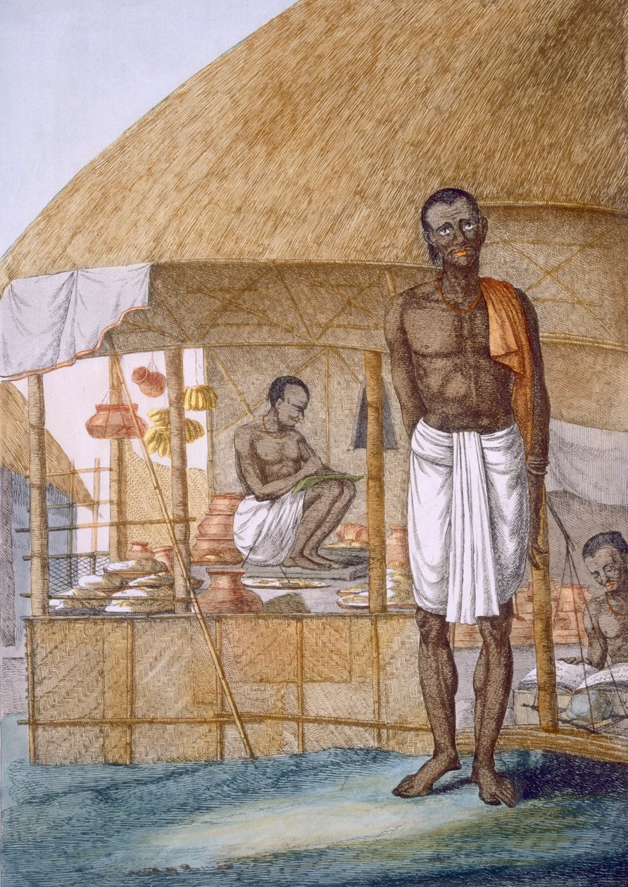 Butikkeier som selger gryter, bananer og korn, fra 'The Hindus, or the Description of their Manners, Costumes and Ceremonies', ca. 1808-12 (farget etsning) av Franz Balthazar Solvyns