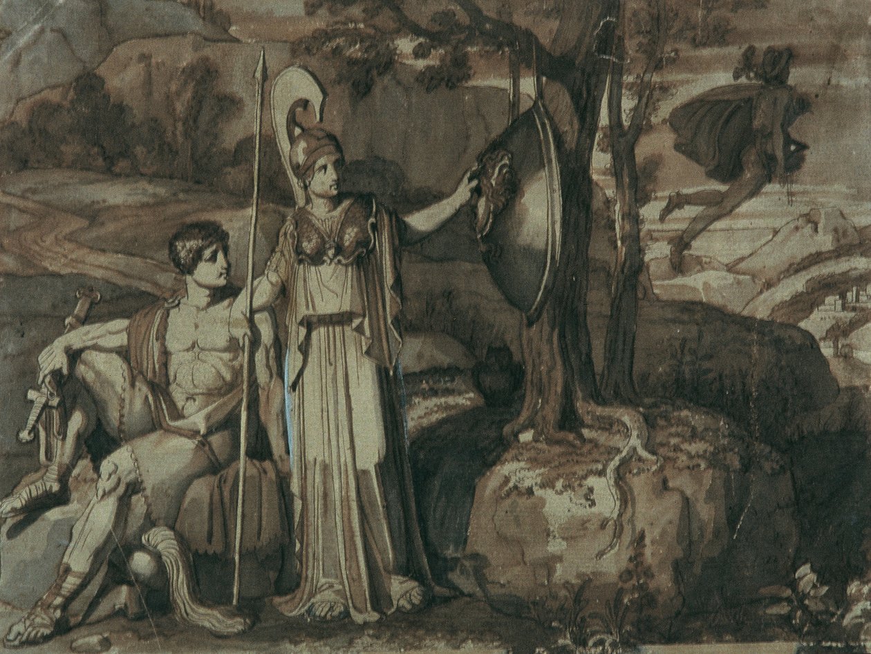 Scene fra Perseus-legenden: Athena med Gorgon-skjoldet av Franz Caucig