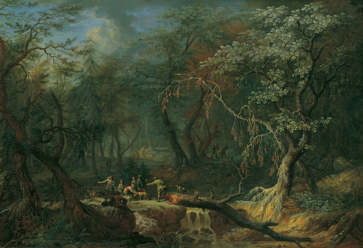 Skoglandskap med falt tre og jegere av Franz Christoph Janneck