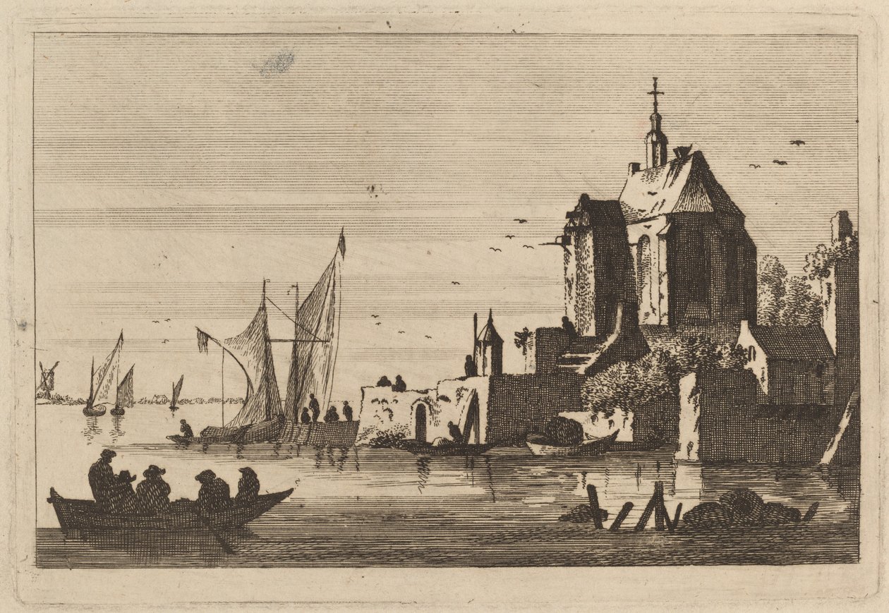 Kirke i et innløp med robåt i forgrunnen av Franz Edmund Weirotter