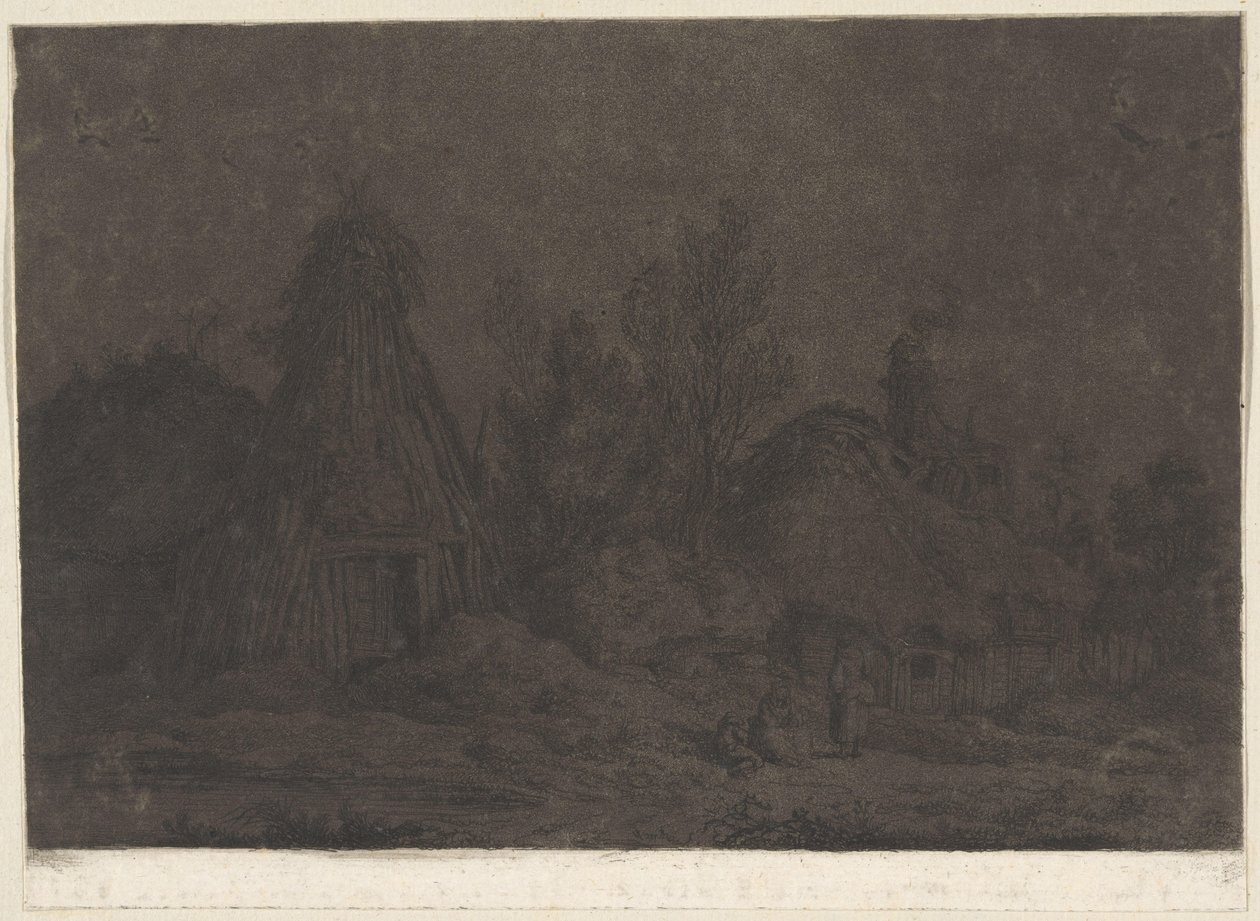 Måneskinnsscene med figurer foran en hytte XII Vues de la Normandie (serietittel) av Franz Edmund Weirotter