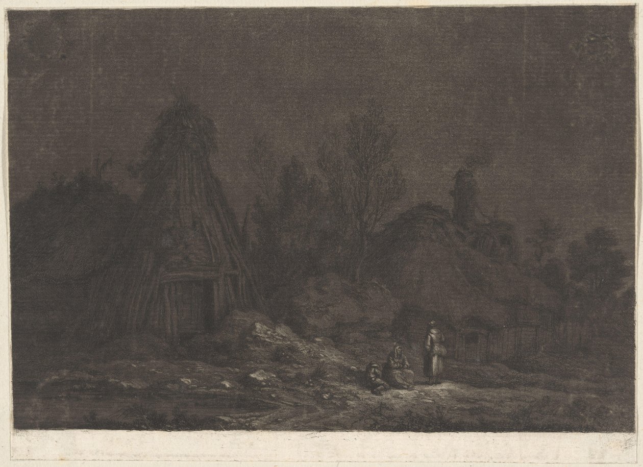 Måneskinnsscene med figurer foran en hytte XII Vues de la Normandie (serietittel) av Franz Edmund Weirotter