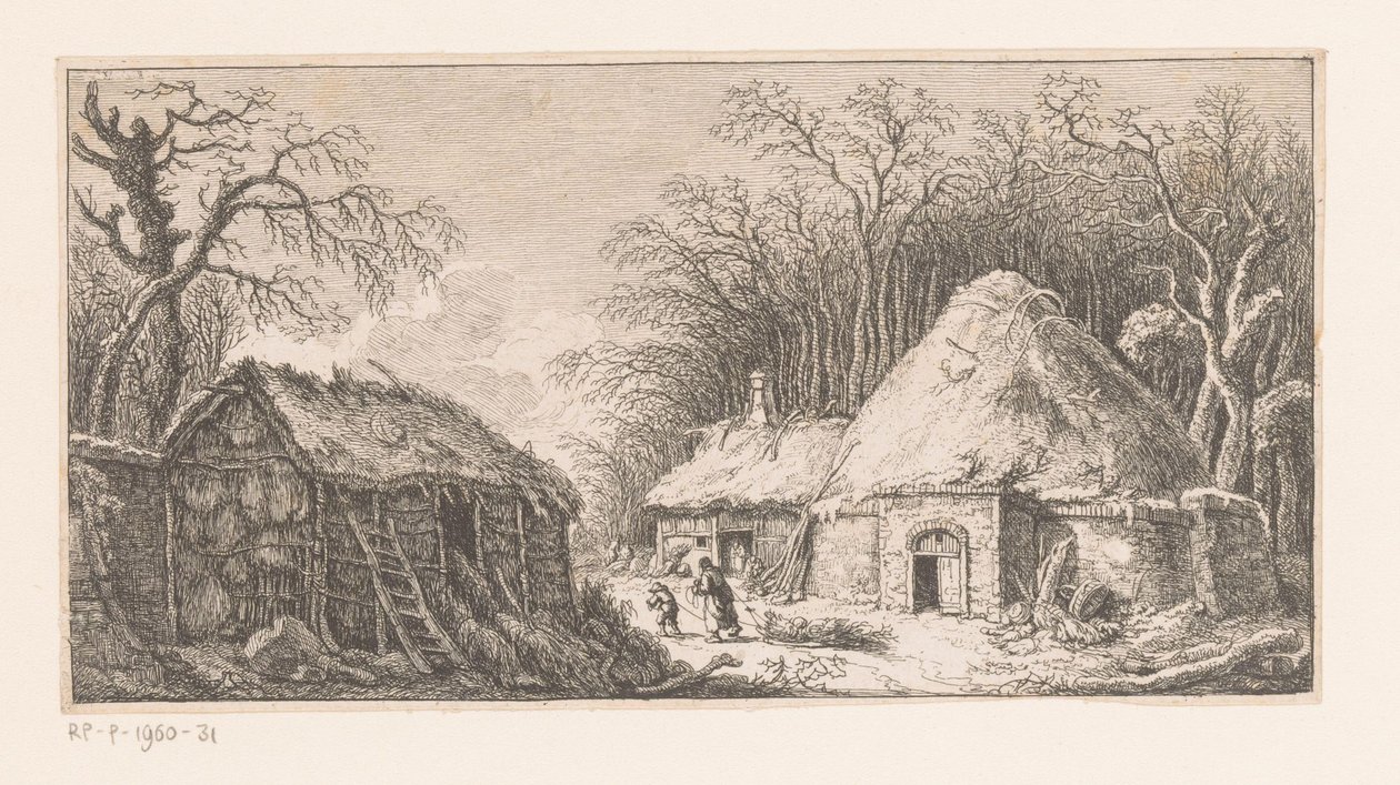 Kvinne og barn drar en haug med grener Suite de paysages (serietittel) av Franz Edmund Weirotter
