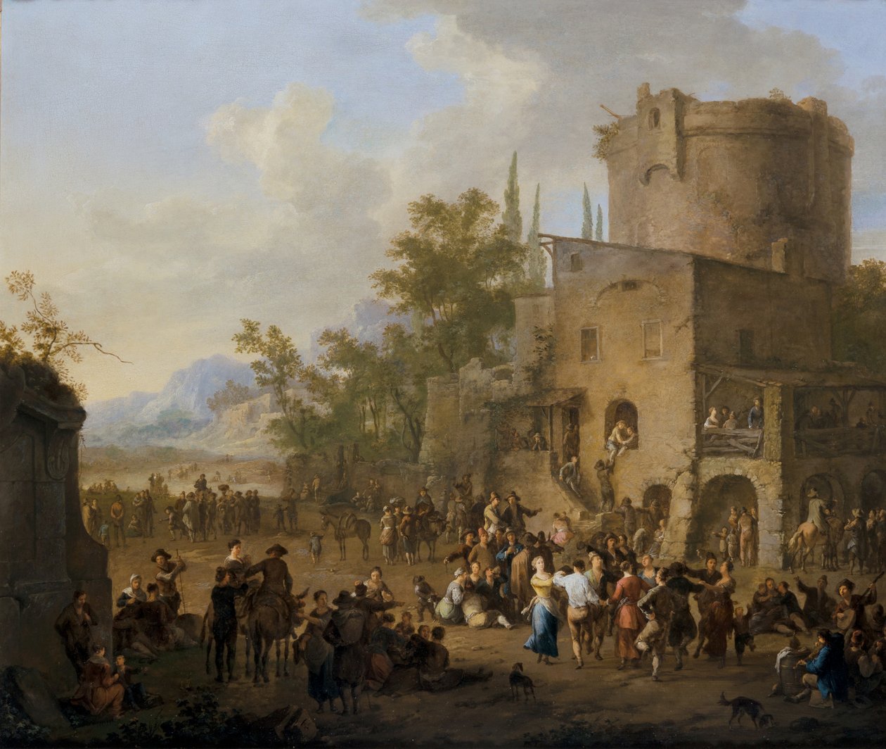 En italiensk byutsikt med figurer som danser Saltarello av Franz Ferg