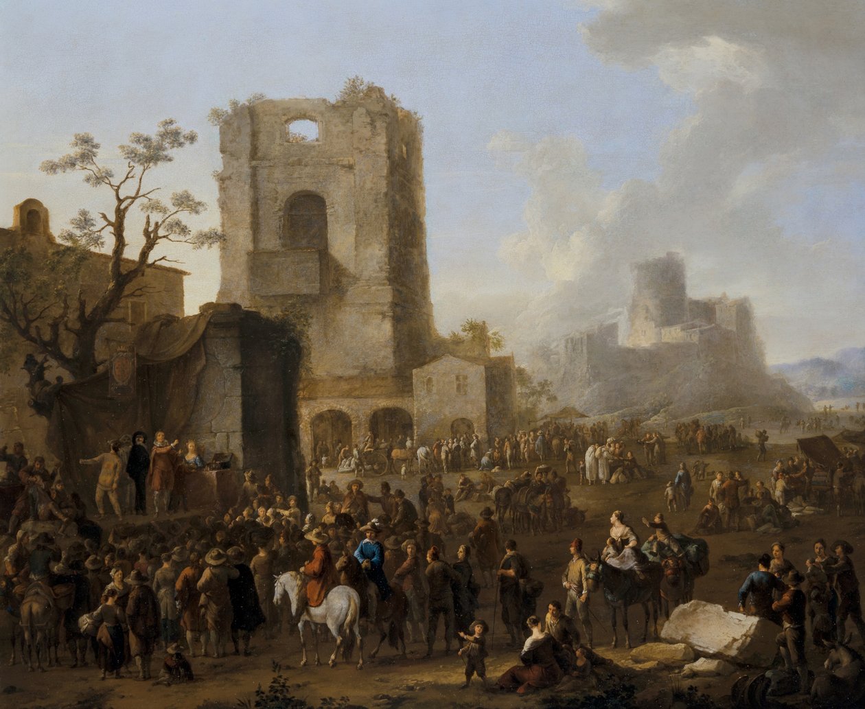 En italiensk byutsikt med figurer som danser Saltarello av Franz Ferg