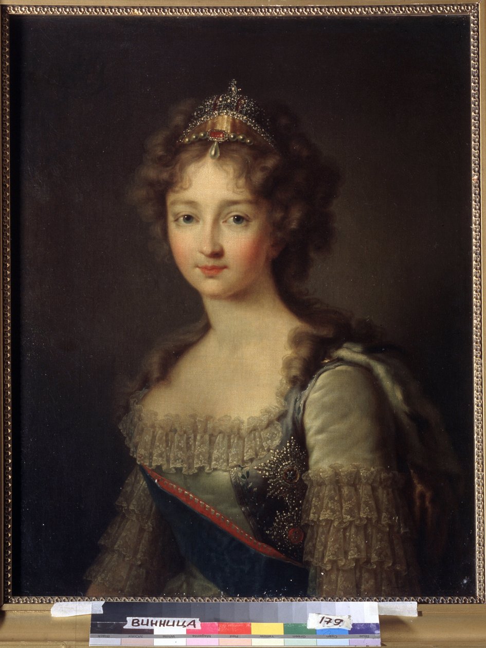 Portrett av keiserinne Elisabeth Alexeievna, prinsesse Louise Augusta av Baden (1779-1826). Hun har på seg en perlediadem. (Portrett av keiserinne Elizabeth Alexeievna, prinsesse Louise av Baden). Kona til tsar Alexander I Pavlovich (1777-1825). Maling av Franz Gerhard von Kugelgen