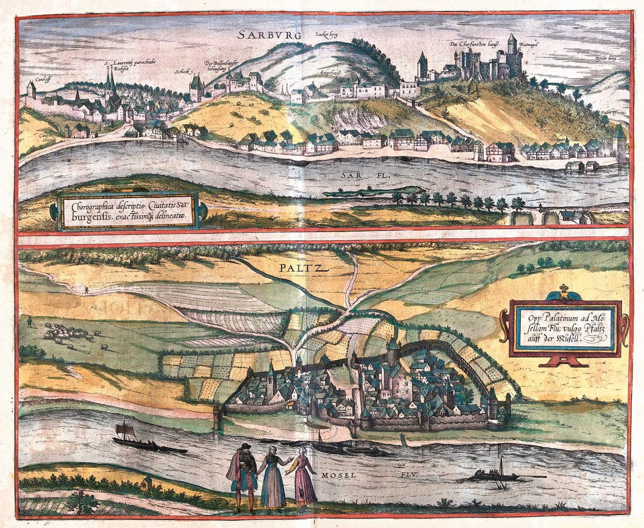 Nøyaktig oversikt over byen Saarburg og byen Pfaltz an der Mosel, Tyskland (gravering av Franz Hogenberg