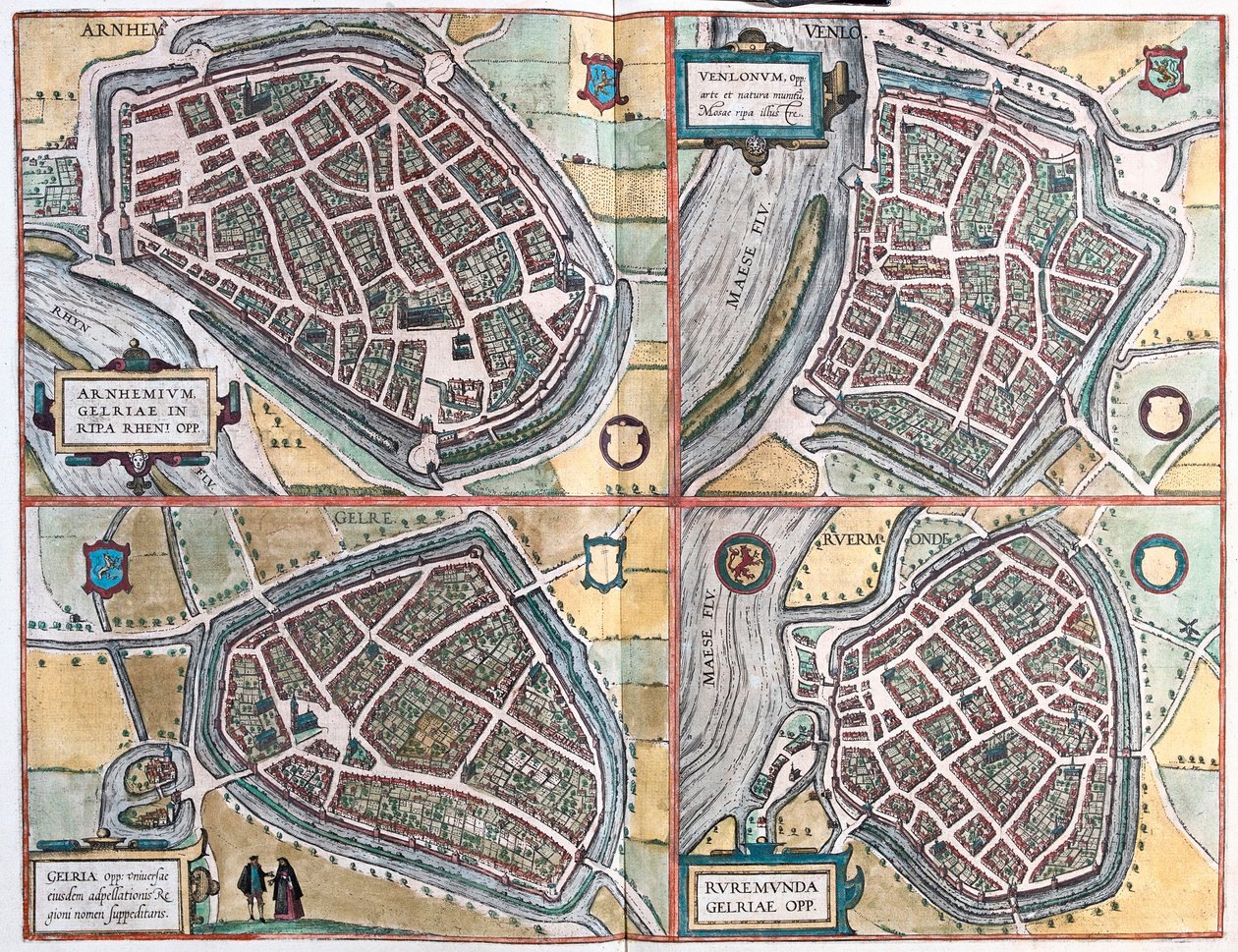 Arnhem og Venlo, Nederland - Geldern, Tyskland og Ruermonde, Nederland (gravering av Franz Hogenberg