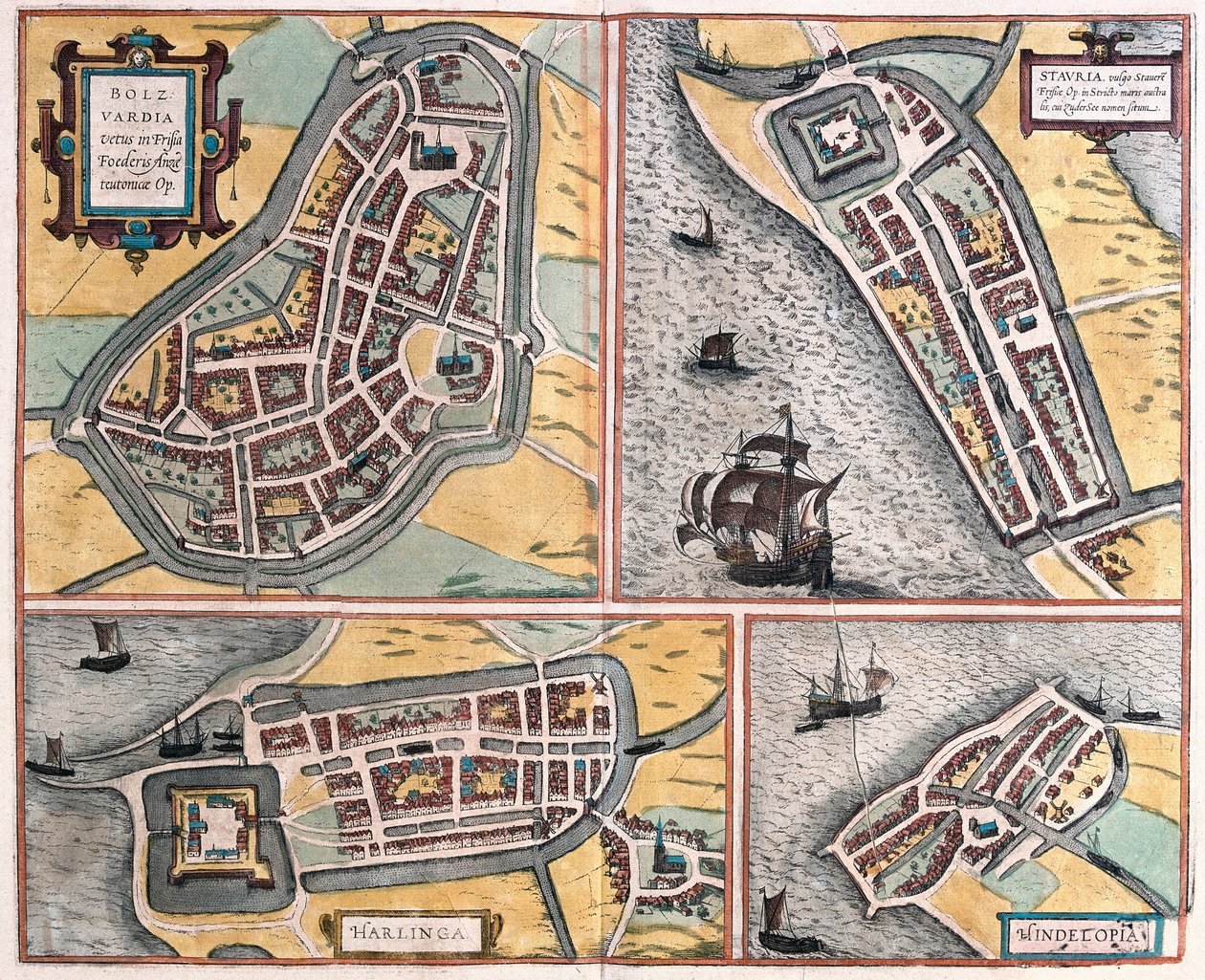 Bolsward, Stavoren, Harlingen og Hindeloopen, Nederland (gravering av Franz Hogenberg