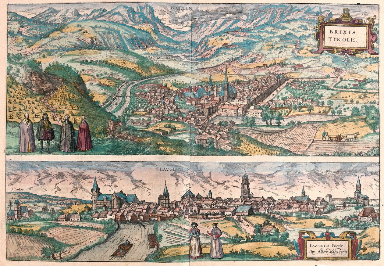 Brixen (Bressanone), Italia og Lauingen, Donau, Tyskland (gravering av Franz Hogenberg