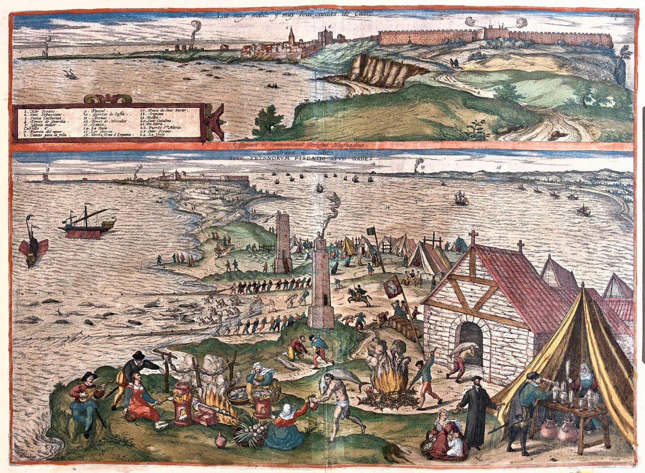 Cadiz, Spania.(Øvre: kapellet St. Sebastian, nedre: Cadiz sin tunfiskeindustri. I midten, vakttårnene (gravering) av Franz Hogenberg